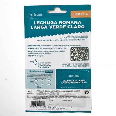 SEMILLAS LECHUGA ROMANA LARGA VERDE VERDECORA