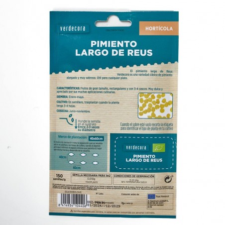 SEMILLAS ECOLÓGICAS PIMIENTO LARGO DE REUS VERDECORA