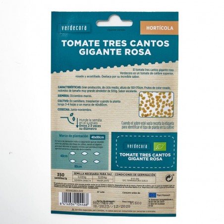 SEMILLAS ECOLÓGICAS TOMATE TRES CANTOS GIGANTE ROSA VERDECORA