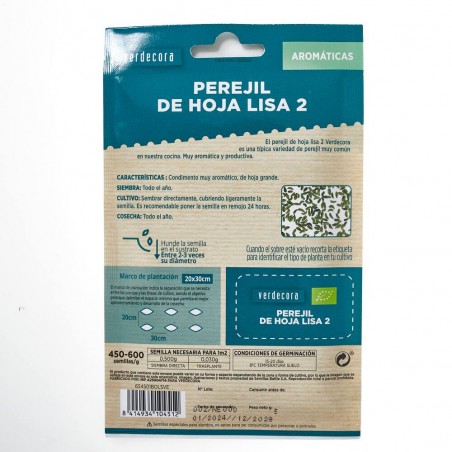 SEMILLAS ECOLÓGICAS PEREJIL HOJA LISA 2 VERDECORA