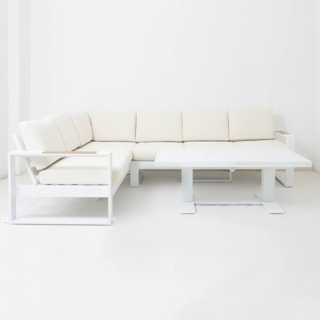 CONJUNTO CORNER BAKU ALUMINIO BLANCO 3 PIEZAS CON MESA ELEVABLE