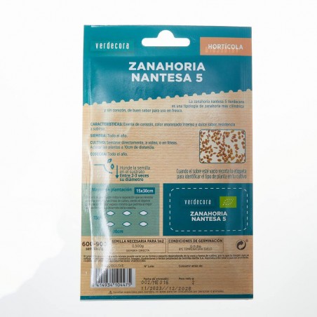 SEMILLAS ECOLÓGICAS ZANAHORIA NANTESA 5 VERDECORA