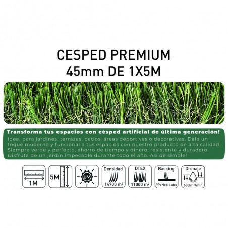 CÉSPED ARTIFICIAL PREMIUM 45MM DE 1X5M