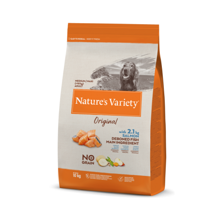 PIENSO PERRO NATURE'S VARIETY ADULTO MEDIANO NO GRAIN SALMÓN 10KG + 2KG